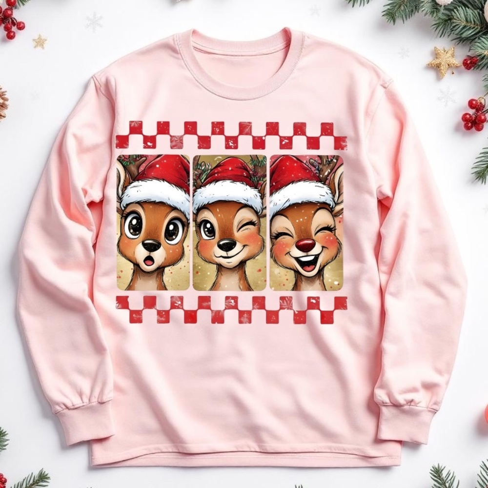 Holiday Selfie Mode Preppy Reindeer Photobooth T-shirt long sleeve Pink S M L XL